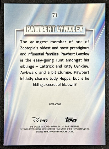 Pawbert Lynxley 2026 Topps Chrome Disney Refractor Zootopia 2 Back
