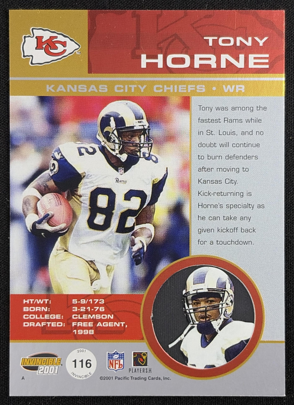 Tony Horne 2001 Pacific Invincible Red /750 Chiefs