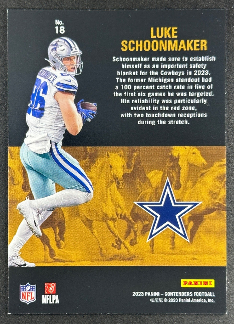 Luke Schoonmaker 2023 Panini Contenders Rookie Stallions Cowboys back