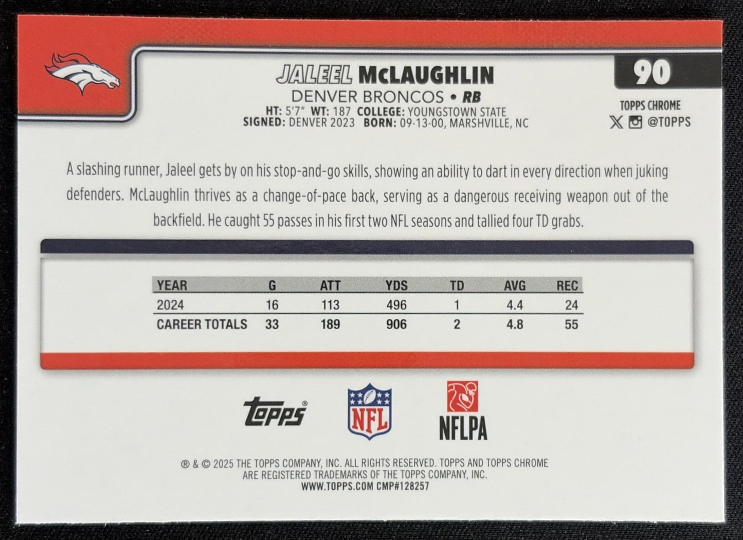 Jaleel McLaughlin 2025 Topps Chrome Refractor Broncos