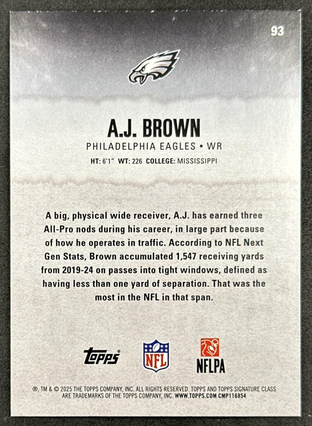 A.J. Brown 2025 Topps Signature Class Veteran Green & Purple Foil Eagles back