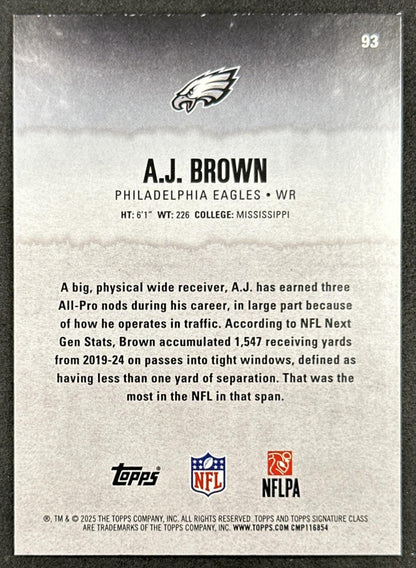 A.J. Brown 2025 Topps Signature Class Veteran Green & Purple Foil Eagles back