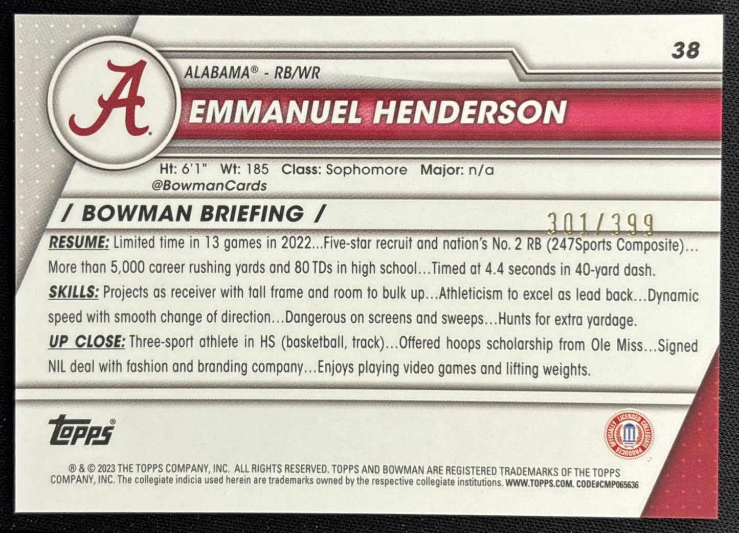 Emmanuel Henderson 2023 University Chrome Purple Refractor /399 Crimson Tide back