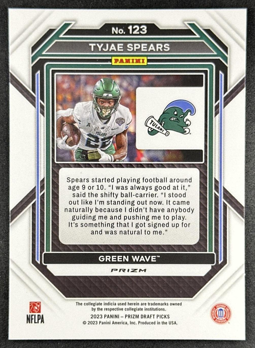 Tyjae Spears 2023 Panini Prizm Draft Picks Prizms Silver Green Wave Sports Trading Card