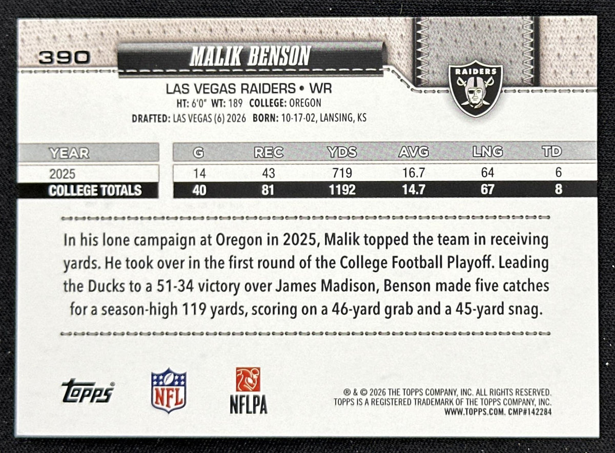 Malik Benson 2026 Topps Flagship Fanatics Foil Raiders