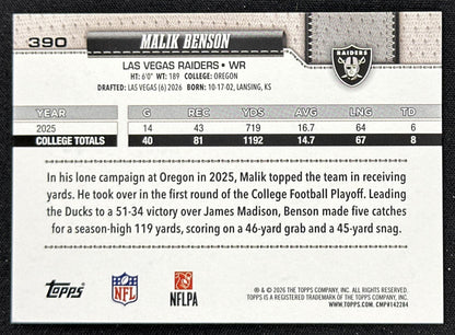Malik Benson 2026 Topps Flagship Fanatics Foil Raiders