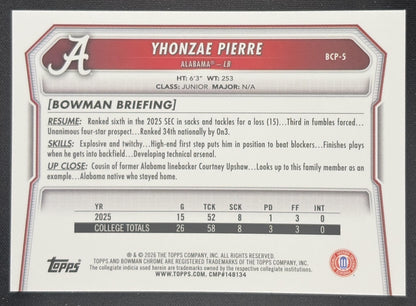 Yhonzae Pierre 2026 Bowman Chrome Prospects Mojo Refractor Crimson Tide Alabama Crimson Tide Sports Trading Card