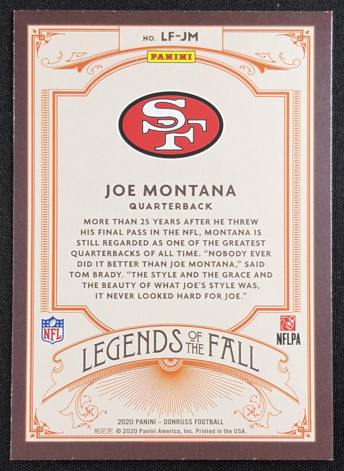 Joe Montana 2020 Panini Donruss Legends of the Fall 49ers