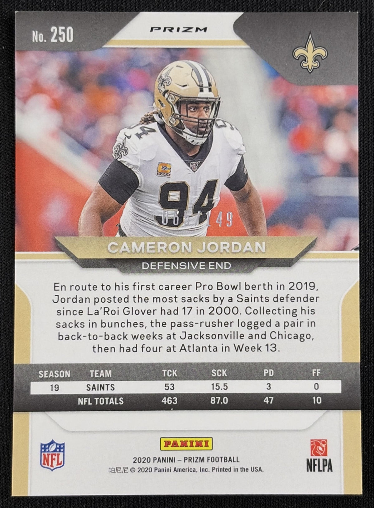 Cameron Jordan 2020 Panini Prizm Red Wave /149 Saints - back