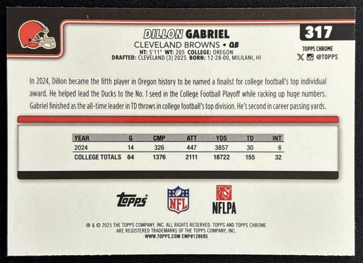 Dillon Gabriel 2025 Topps Chrome Rookie Etch Variation Browns Sports Trading Cards
