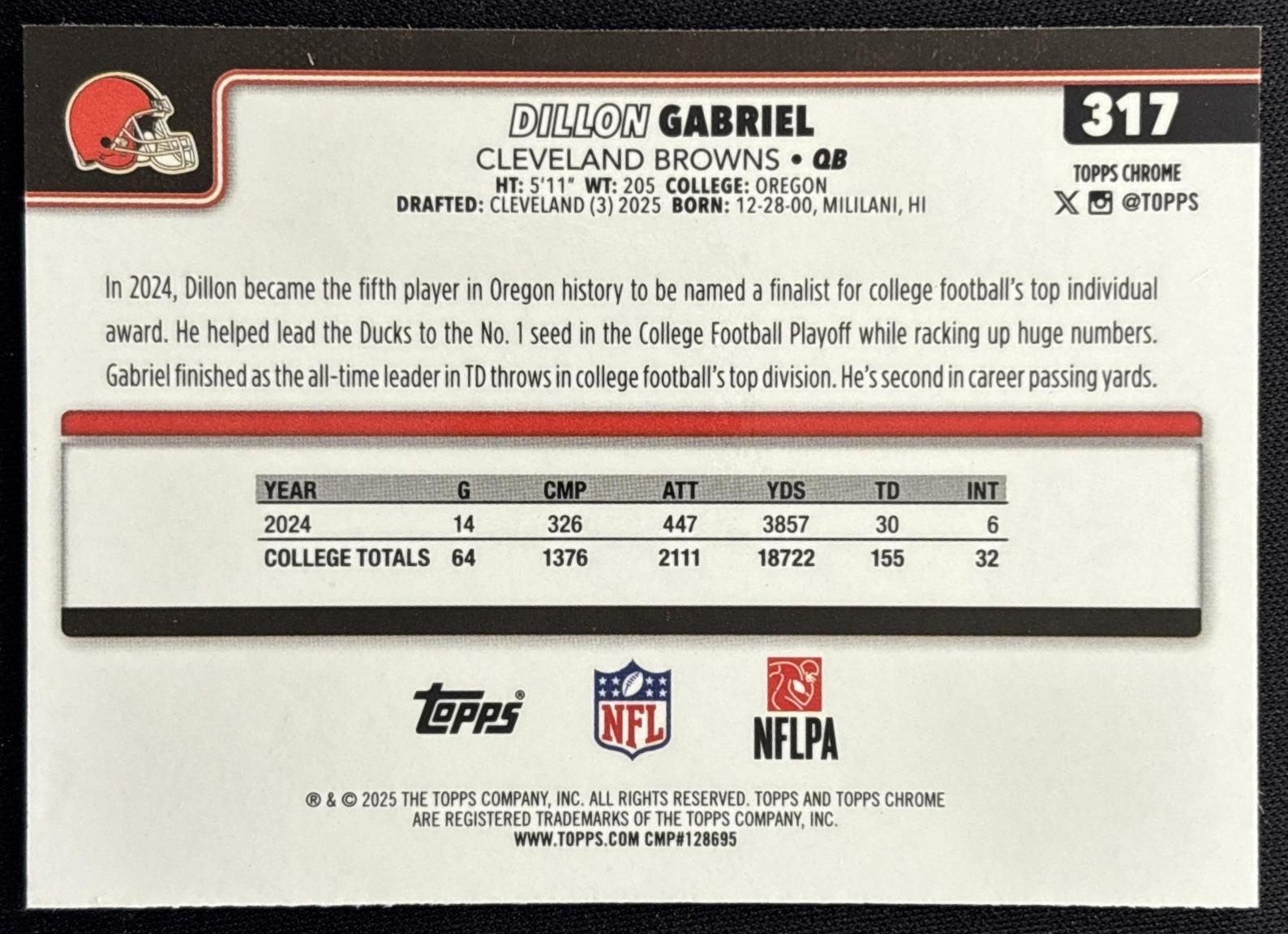 Dillon Gabriel 2025 Topps Chrome Rookie Etch Variation Browns Sports Trading Cards
