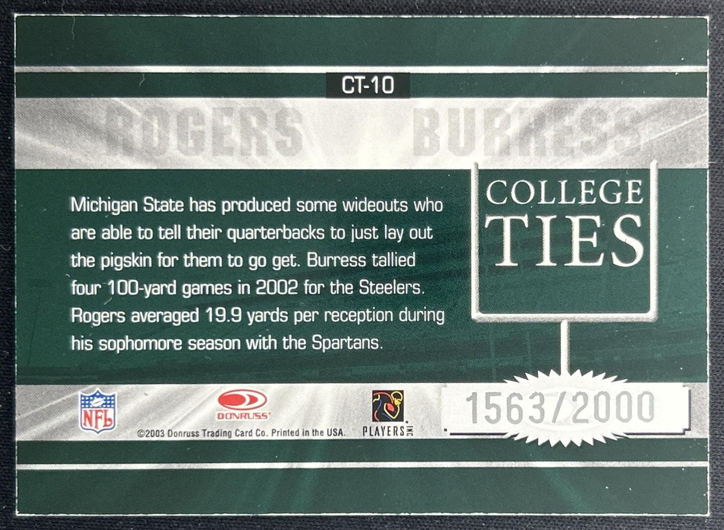 Charles Rogers Plaxico Burress 2003 Donruss Elite College Ties /2000 back