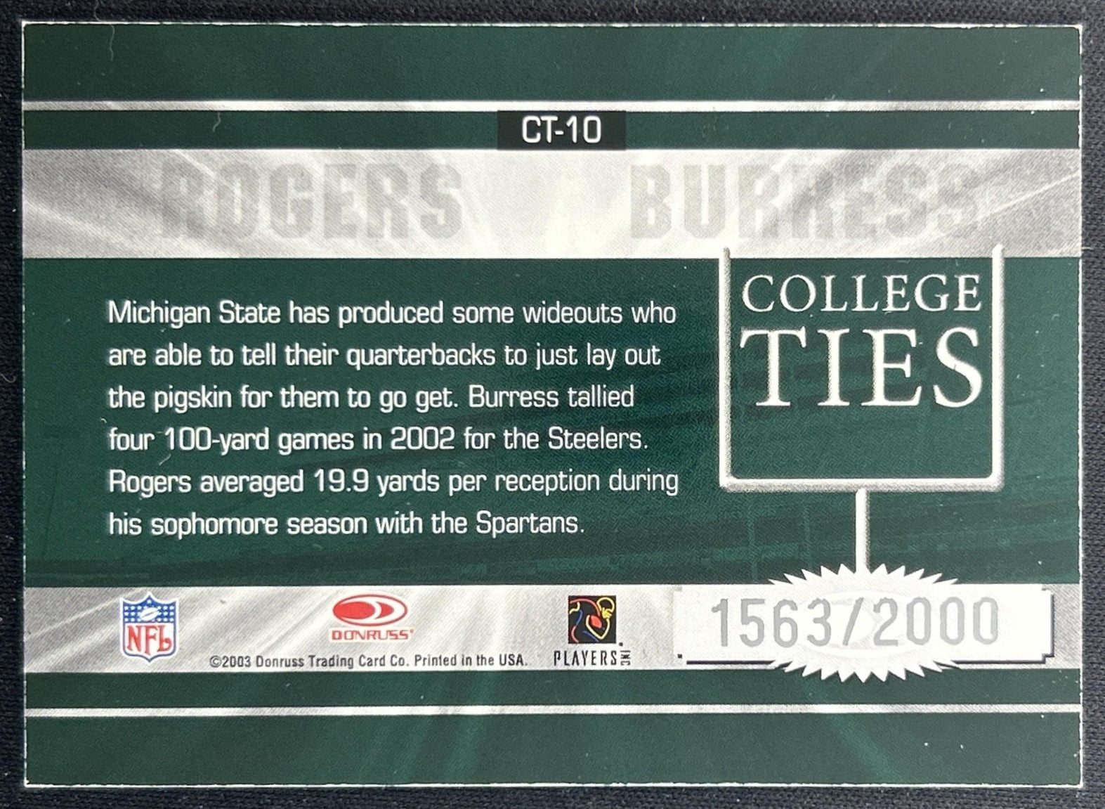 Charles Rogers Plaxico Burress 2003 Donruss Elite College Ties /2000 back