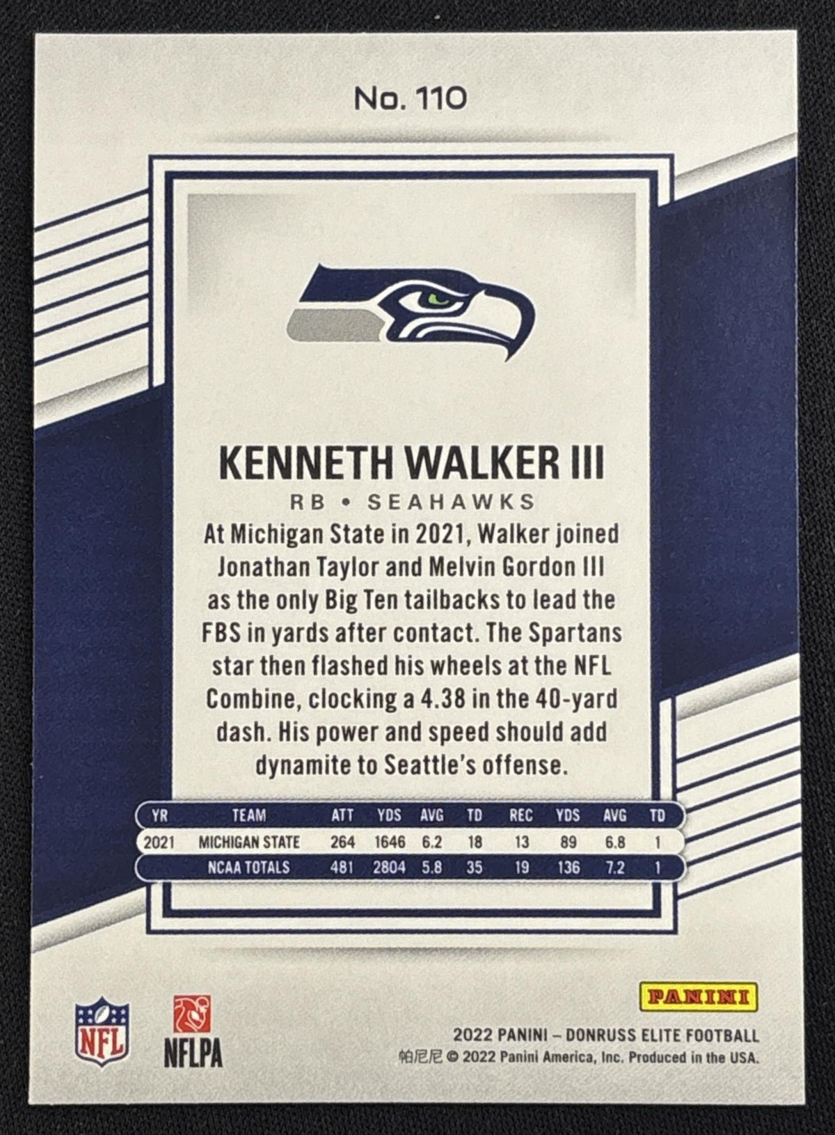 Kenneth Walker III 2022 Panini Donruss Elite Green Seahawks Sports Trading Card