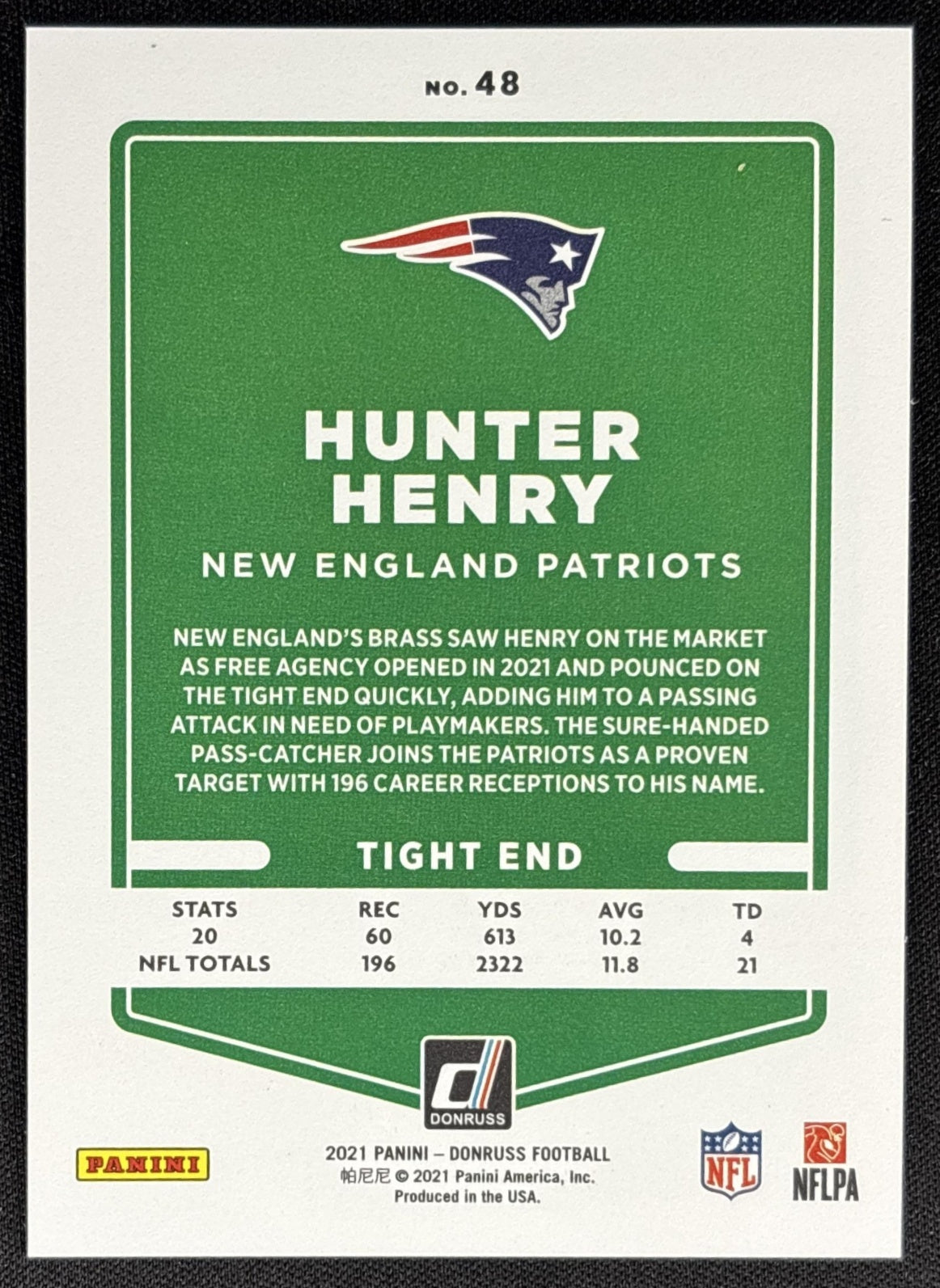 Hunter Henry 2021 Panini Donruss Press Proof Premium Patriots
