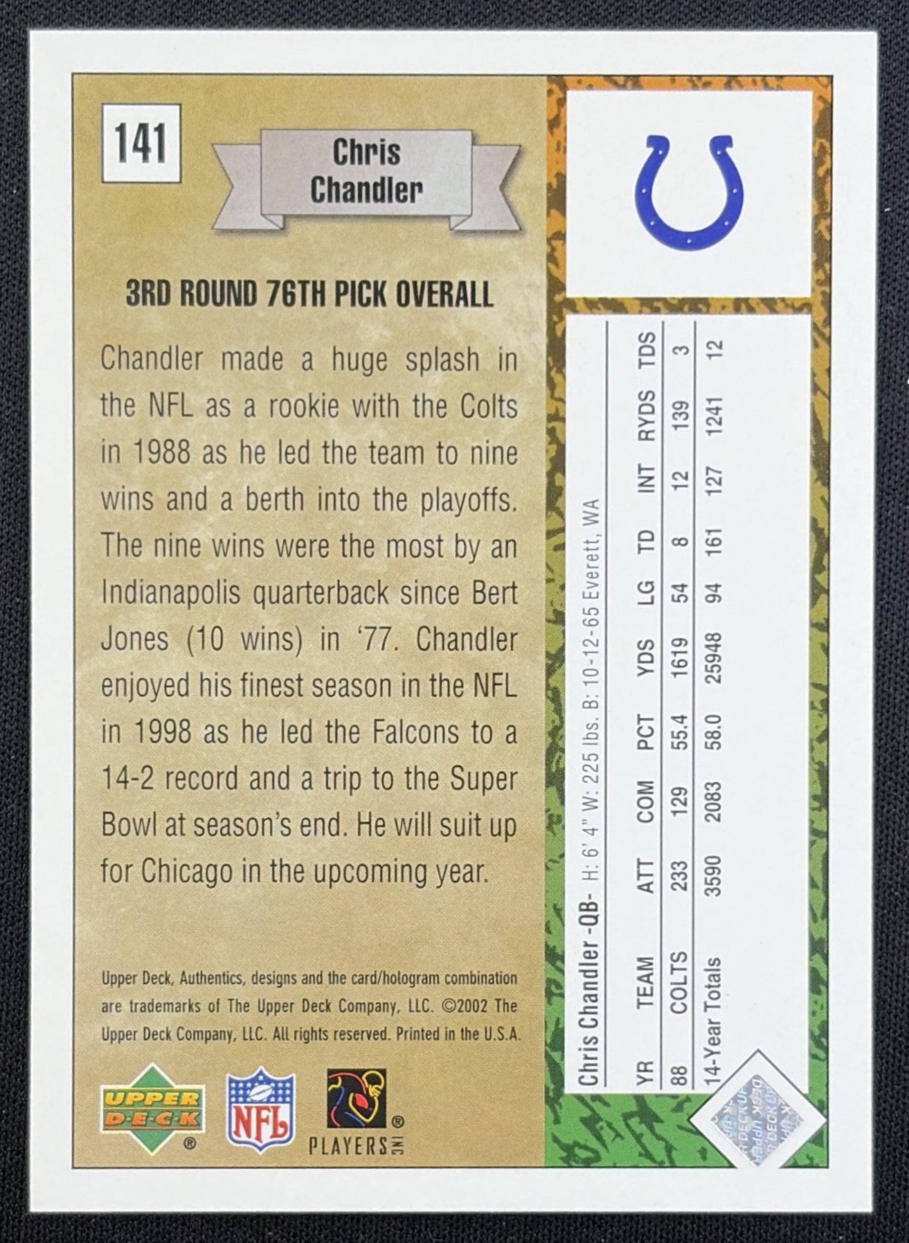 Chris Chandler 2002 Upper Deck Authentics /1989 Colts Indianapolis Colts