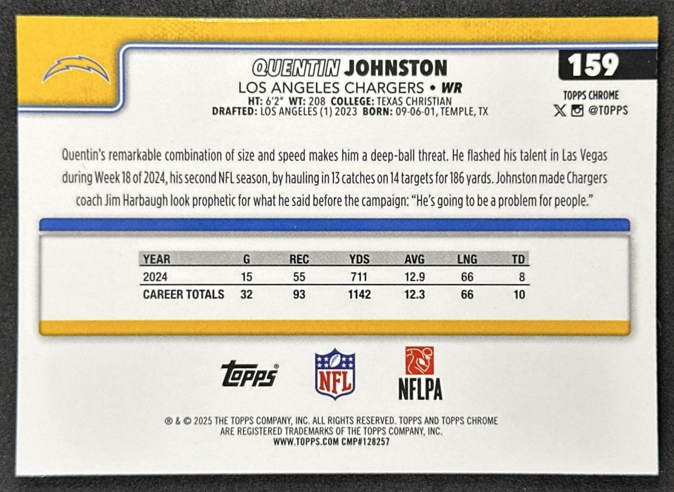 Quentin Johnston 2025 Topps Chrome Sapphire Chargers
