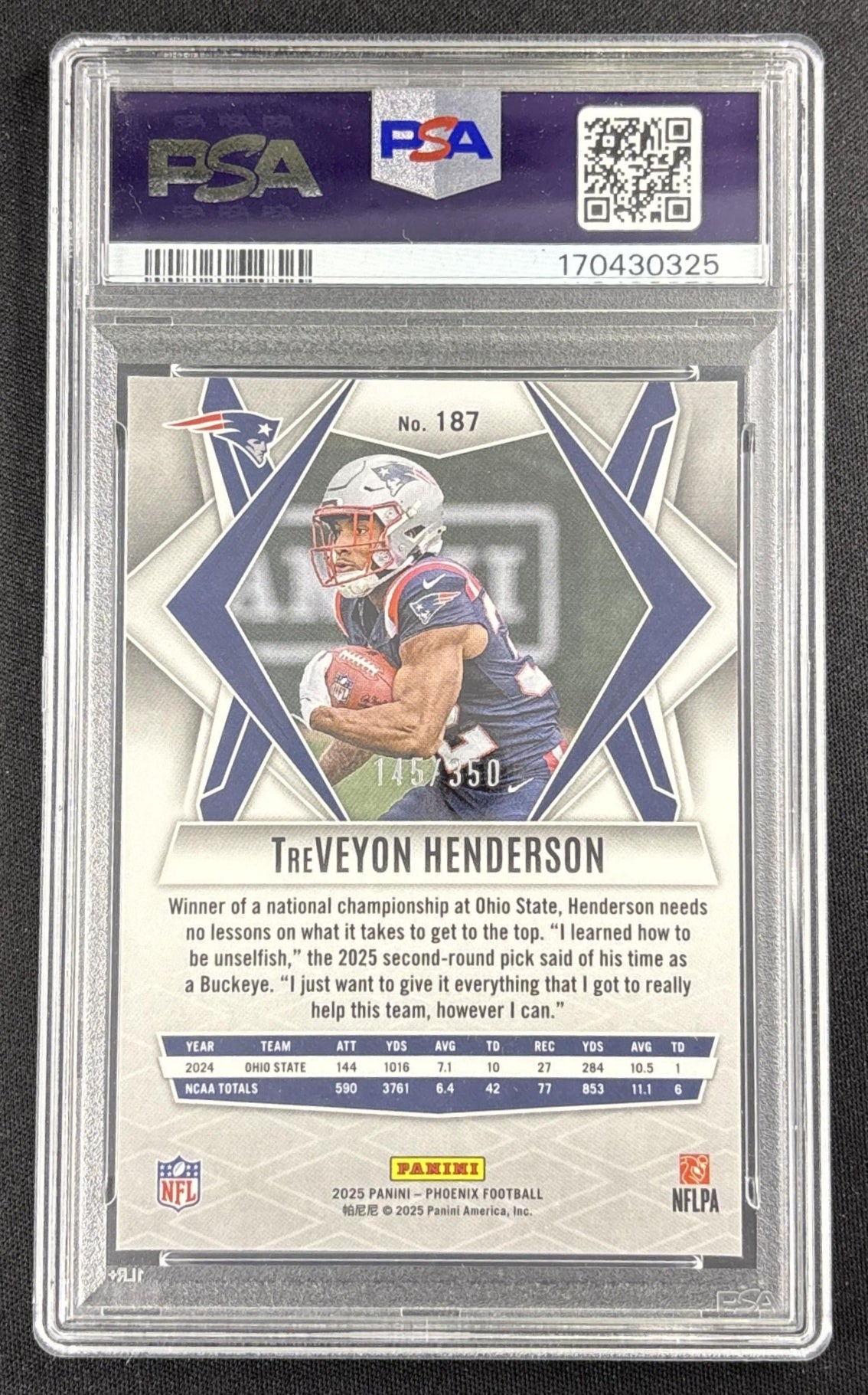 TreVeyon Henderson 2025 Panini Phoenix Fire Burst Prizm /350 PSA 9 Patriots 170430325