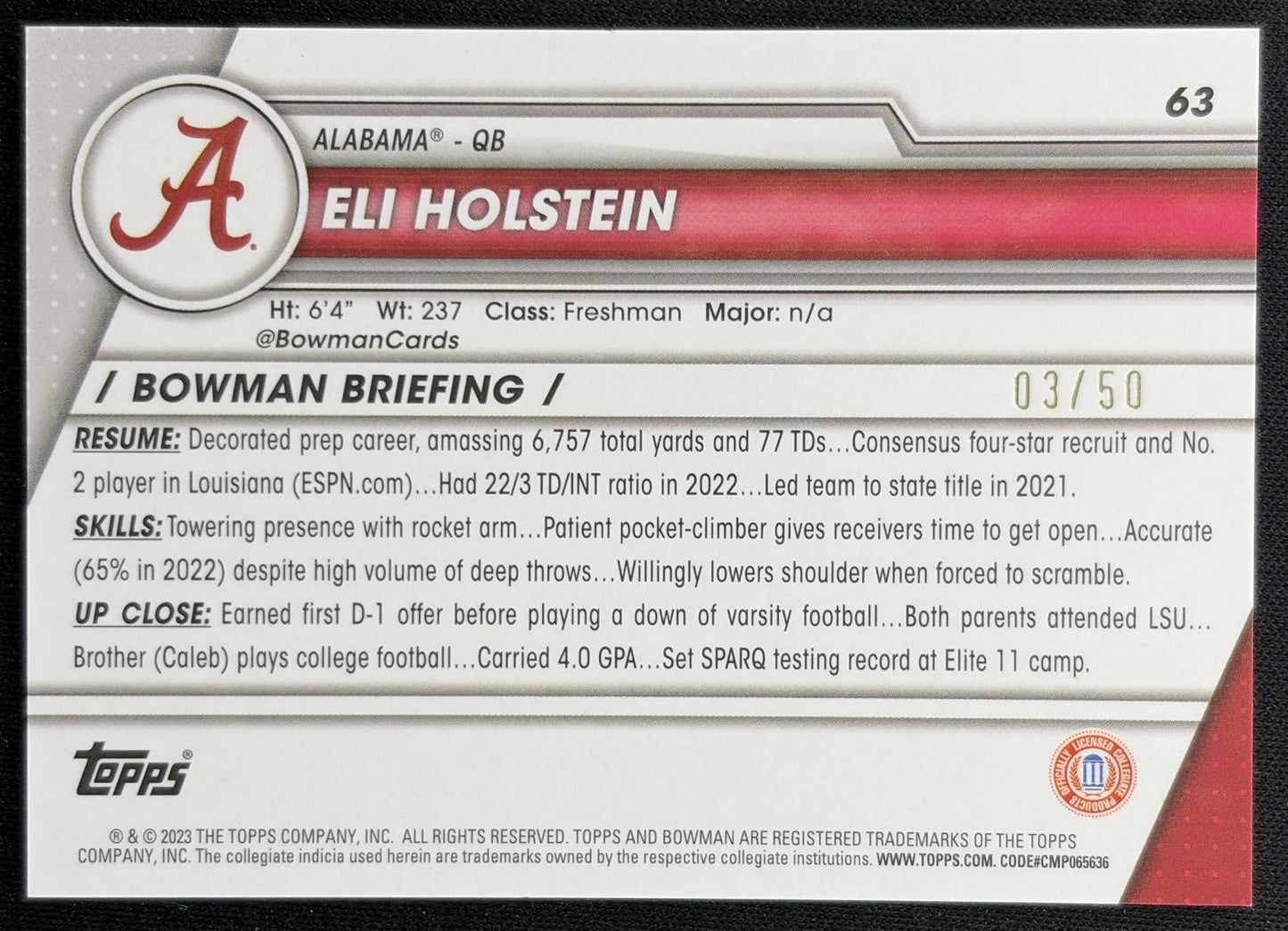 Eli Holstein 2023 University Chrome Gold Shimmer Refractor /50 Crimson Tide