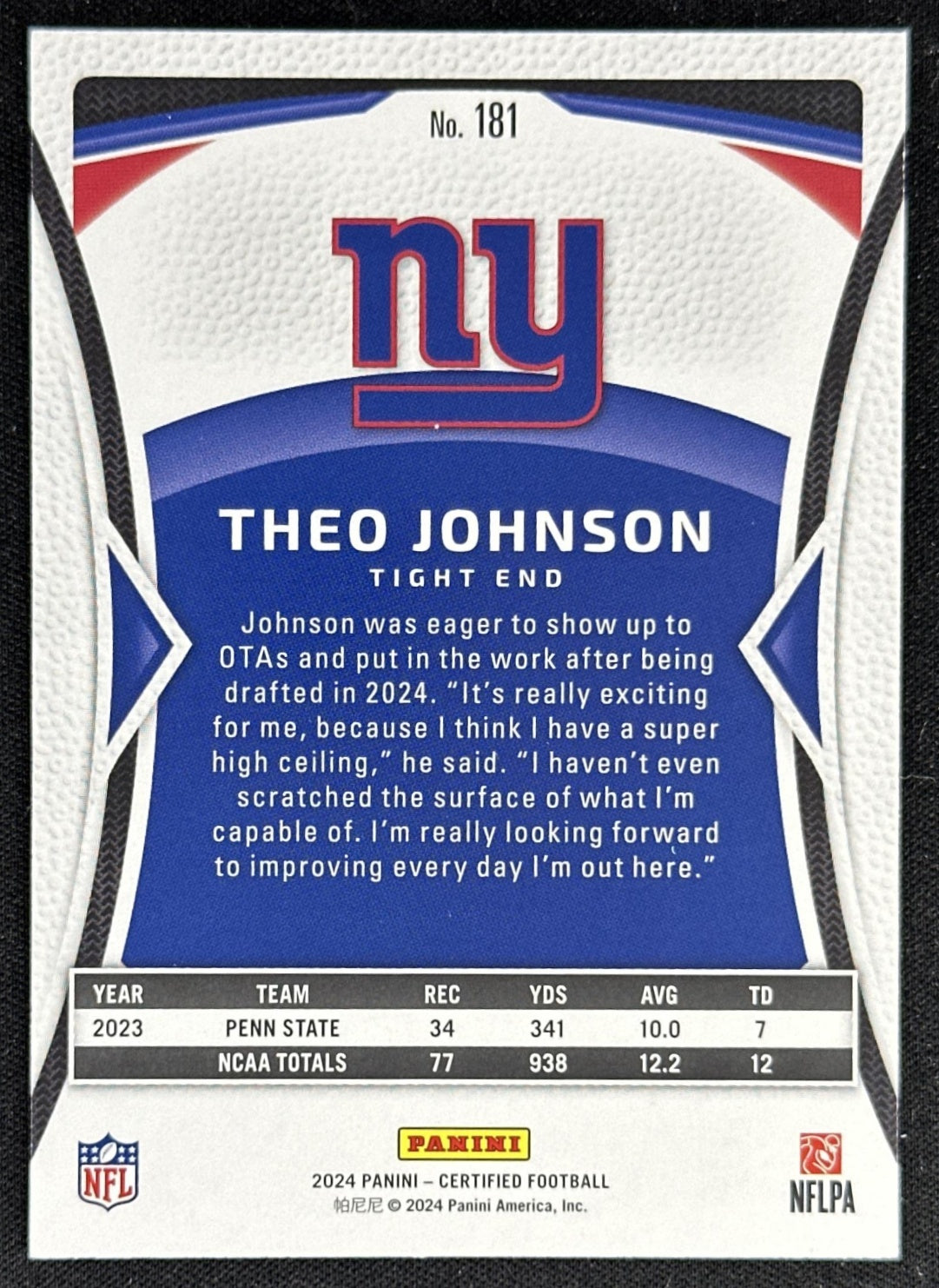 Theo Johnson 2024 Panini Certified Rookies /400 Giants