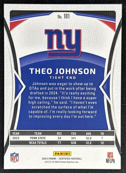 Theo Johnson 2024 Panini Certified Rookies /400 Giants