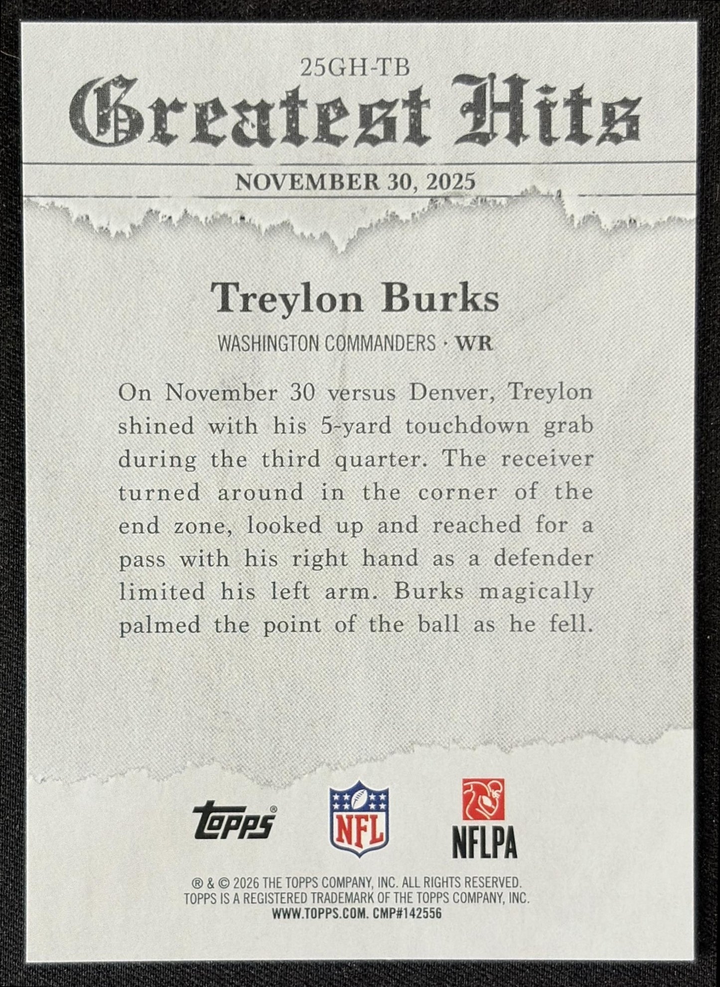 Treylon Burks 2026 Topps 2025 Greatest Hits Commanders back