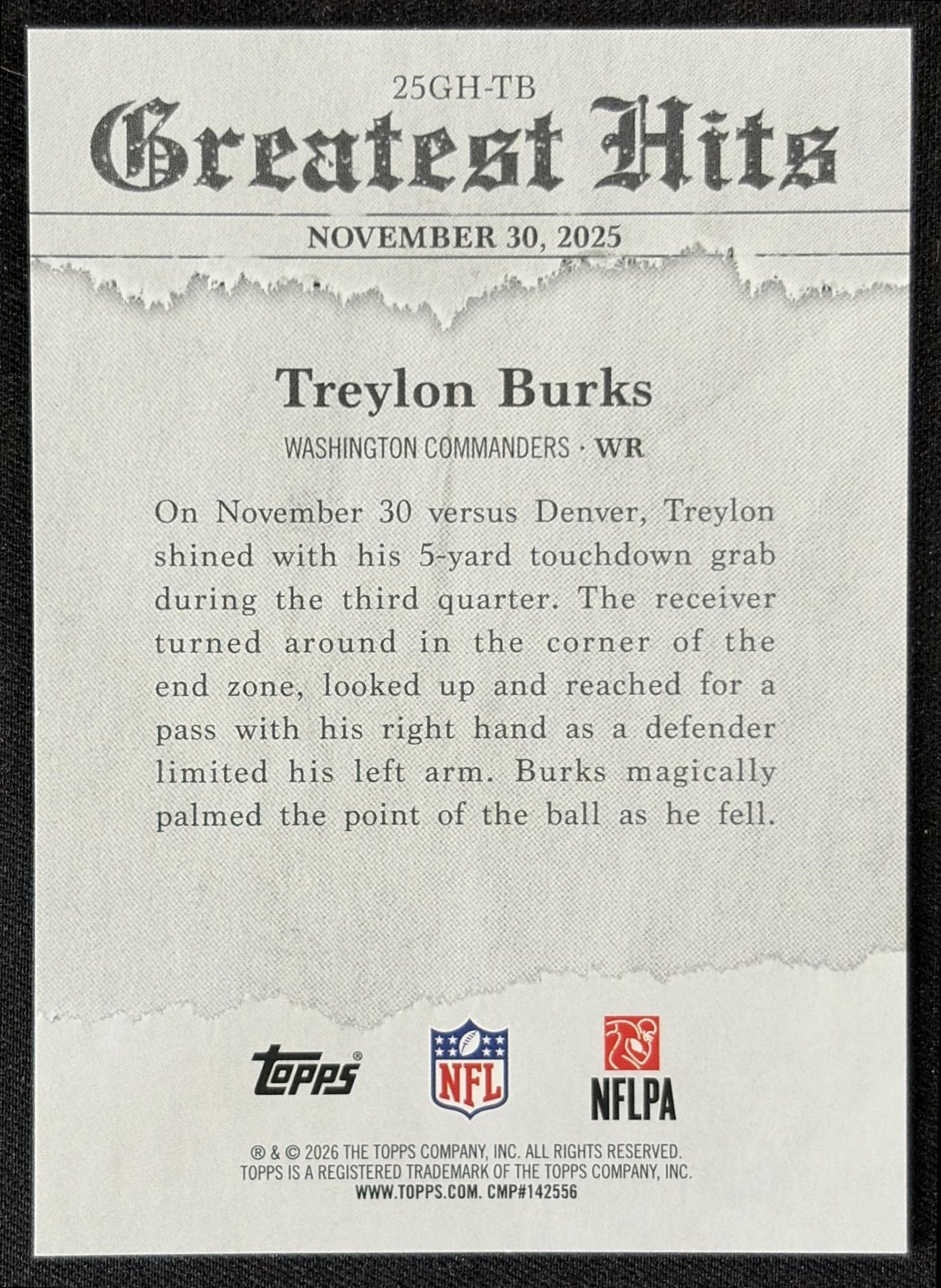Treylon Burks 2026 Topps 2025 Greatest Hits Commanders back