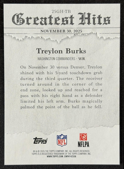 Treylon Burks 2026 Topps 2025 Greatest Hits Commanders back