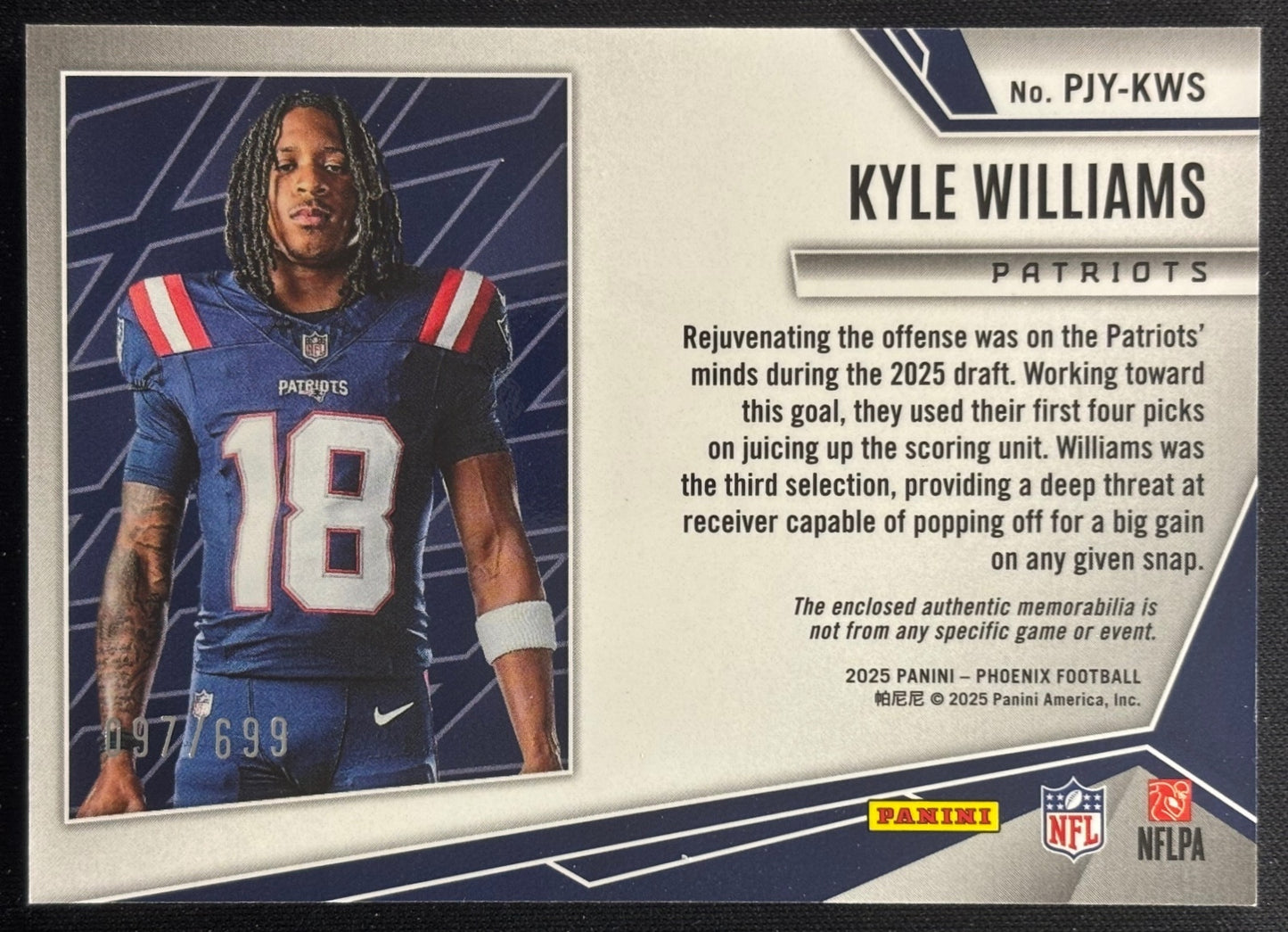 Kyle Williams 2025 Panini Phoenix Rookie Phenom Jersey /699 Patriots Sports Trading Cards