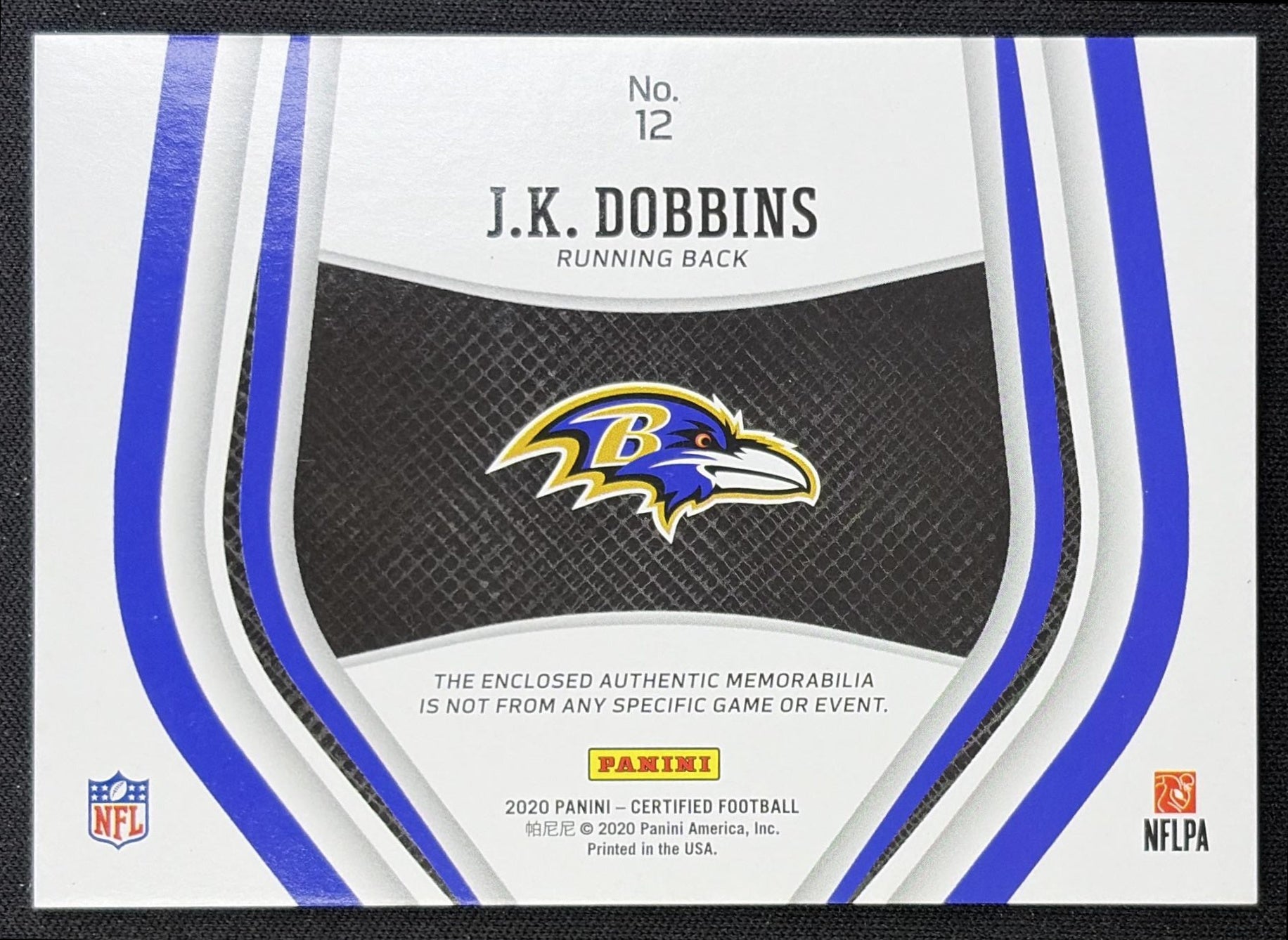 J.K. Dobbins 2020 Panini Certified New Generation Jerseys Mirror Ravens back