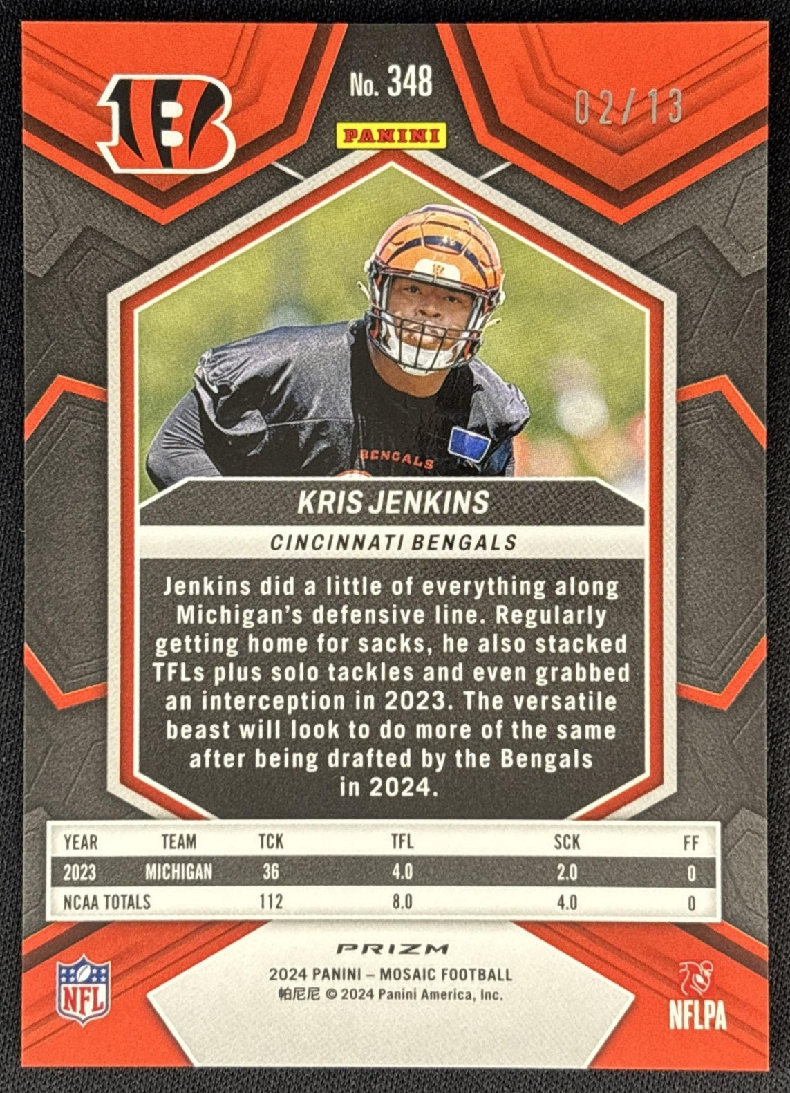 Kris Jenkins 2024 Panini Mosaic Pink Swirl Prizm /13 Bengals back