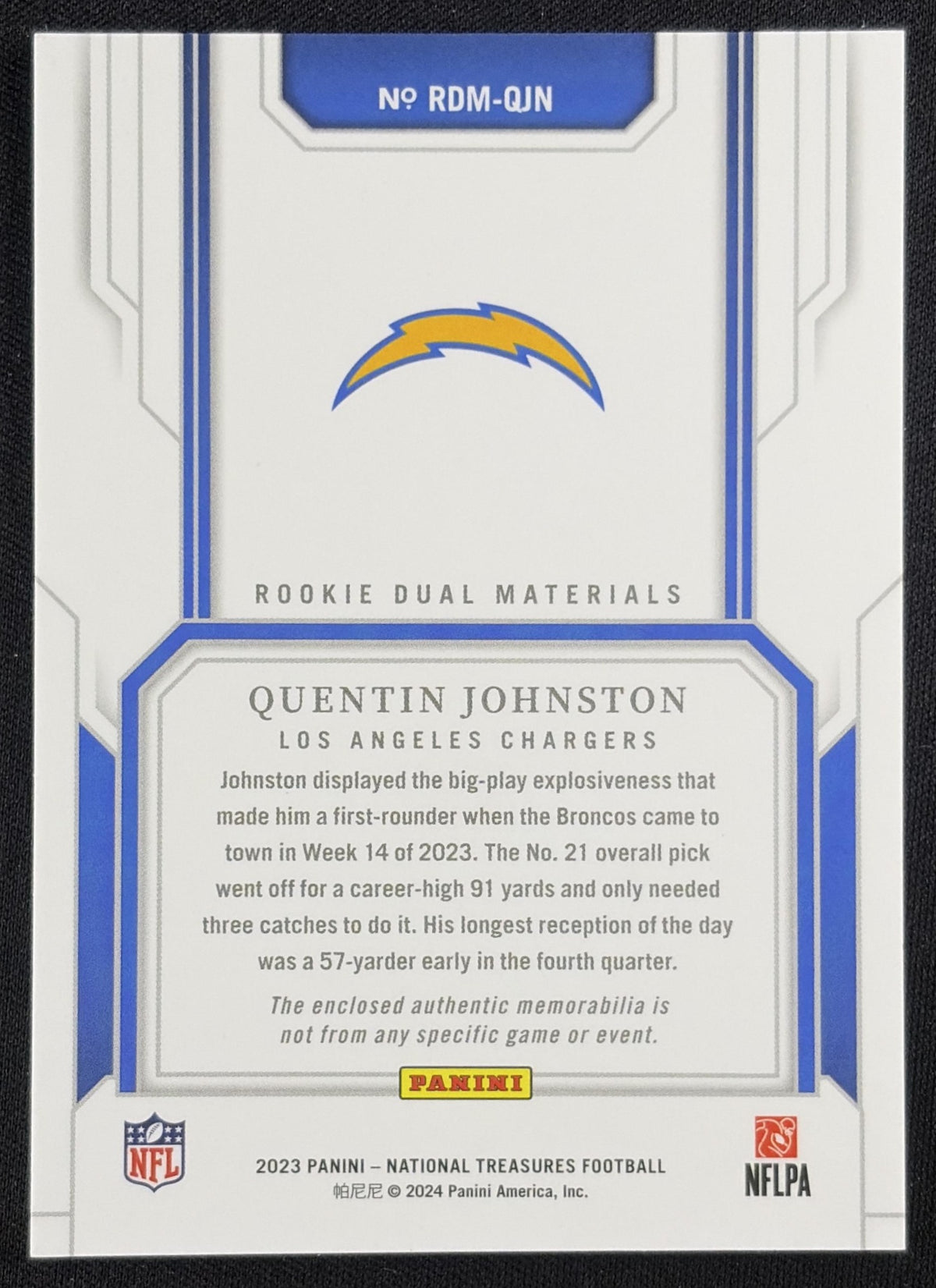 Quentin Johnston 2023 Panini National Treasures Rookie Dual Materials /99 Chargers