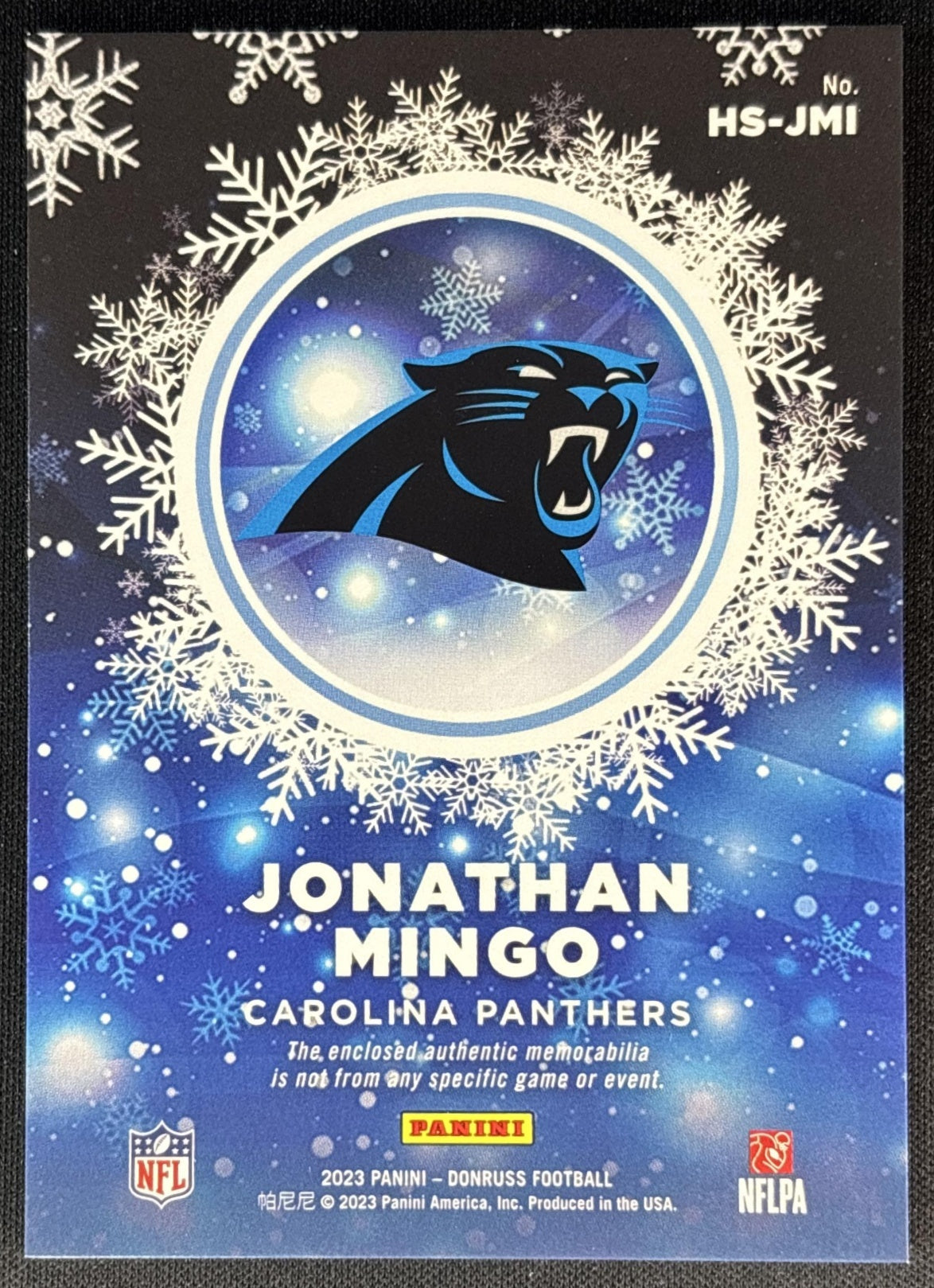 Jonathan Mingo 2023 Panini Donruss Rookie Holiday Sweater Relics Panthers