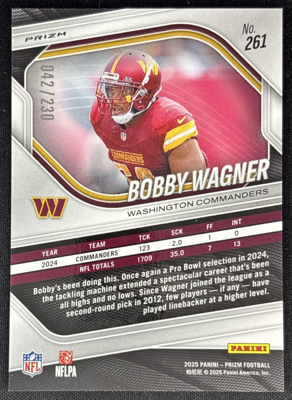 Bobby Wagner 2025 Panini Prizm Blue Wave /230 Commanders back