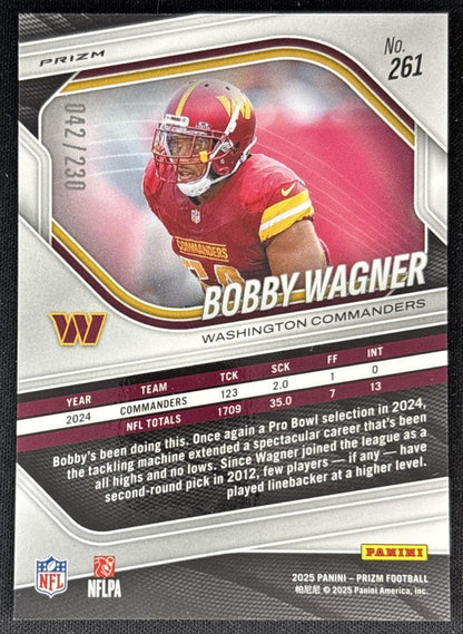 Bobby Wagner 2025 Panini Prizm Blue Wave /230 Commanders back