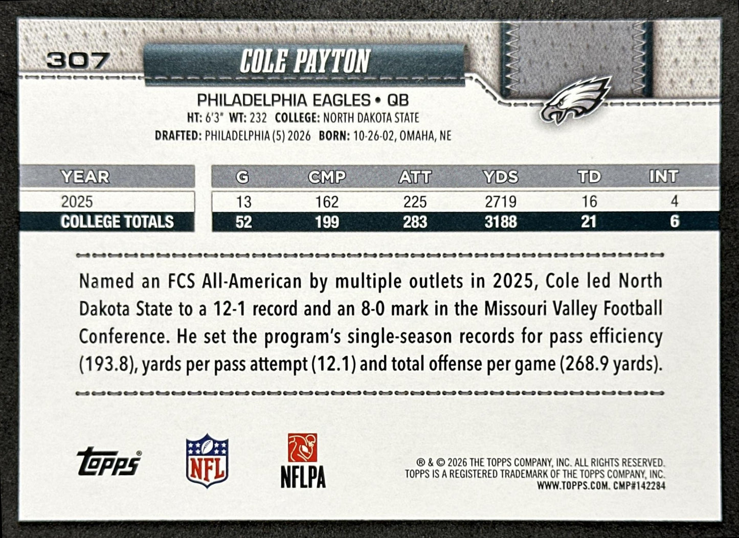 Cole Payton 2026 Topps Flagship Rookie Eagles Sports Trading Cards