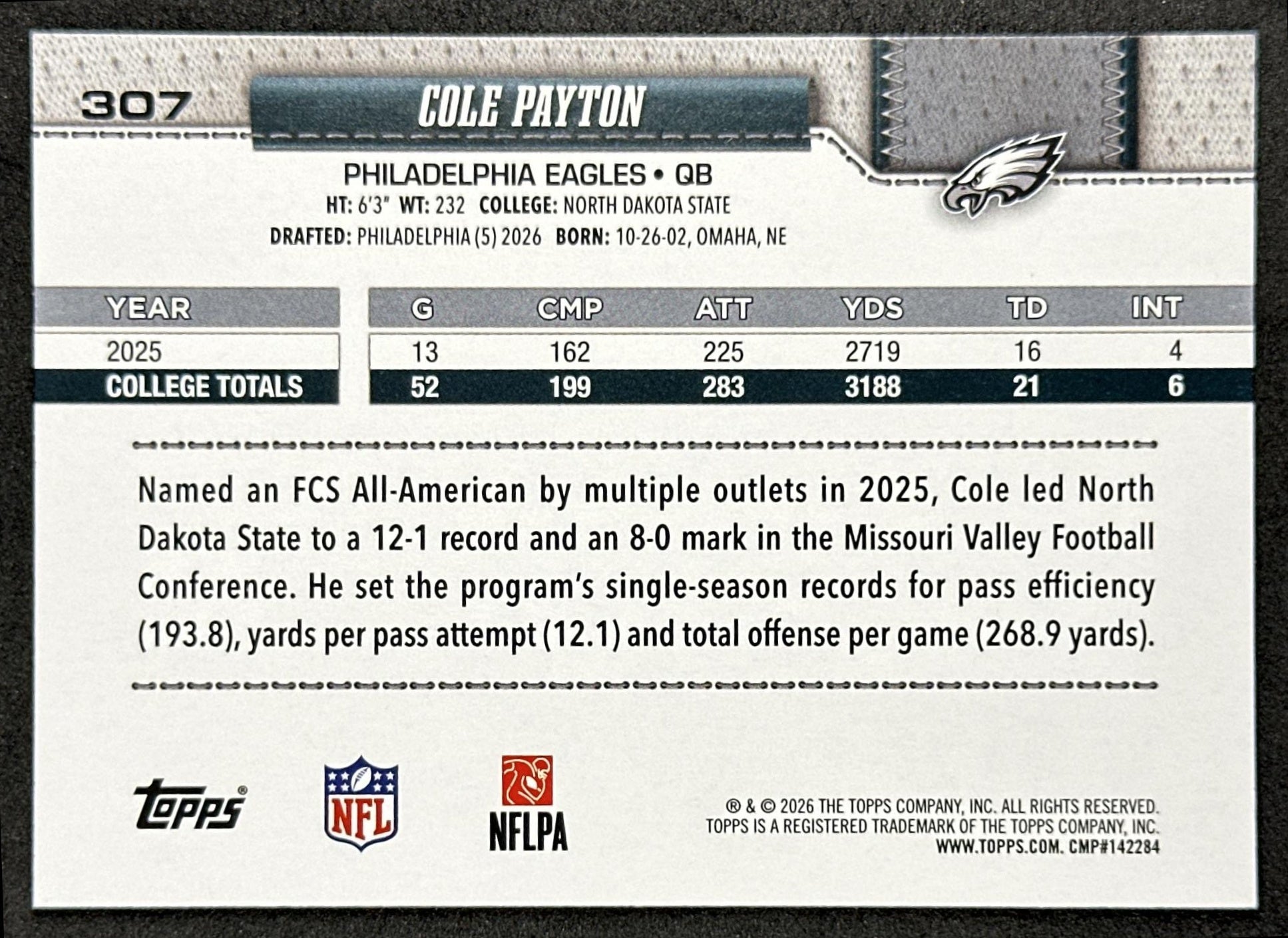 Cole Payton 2026 Topps Flagship Rookie Eagles Sports Trading Cards
