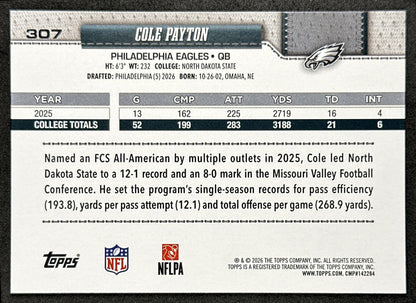 Cole Payton 2026 Topps Flagship Rookie Eagles Sports Trading Cards