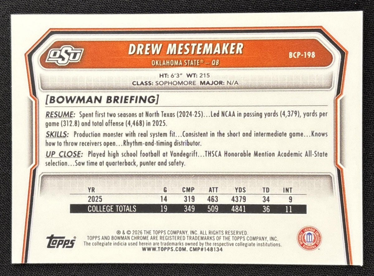 Drew Mestemaker 2026 Bowman Chrome Prospects Aqua Mojo Refractor /199 Cowboys