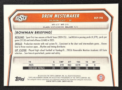 Drew Mestemaker 2026 Bowman Chrome Prospects Aqua Mojo Refractor /199 Cowboys
