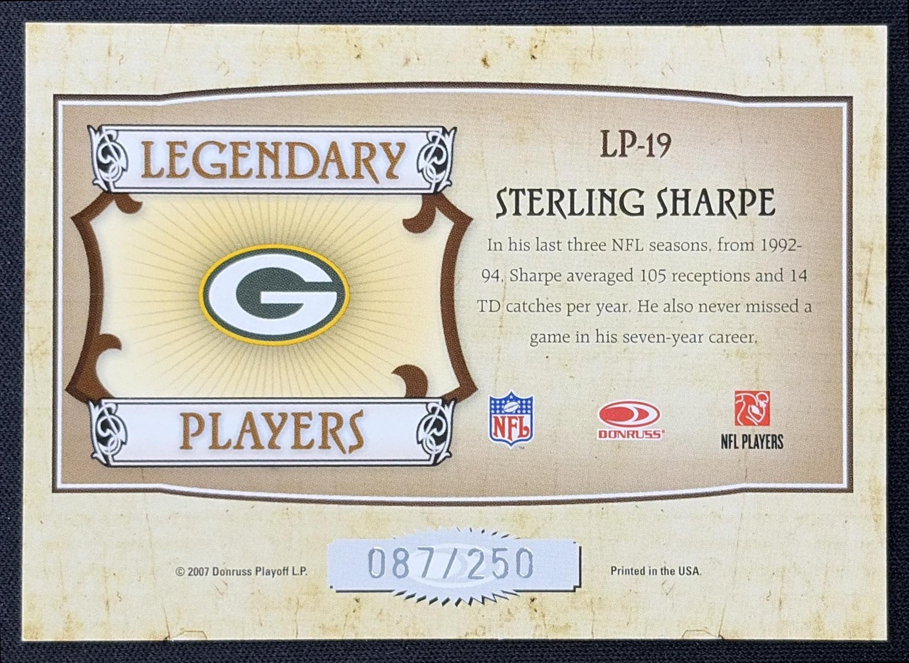 Sterling Sharpe 2007 Donruss Classics Legendary Players Silver /250 Packers