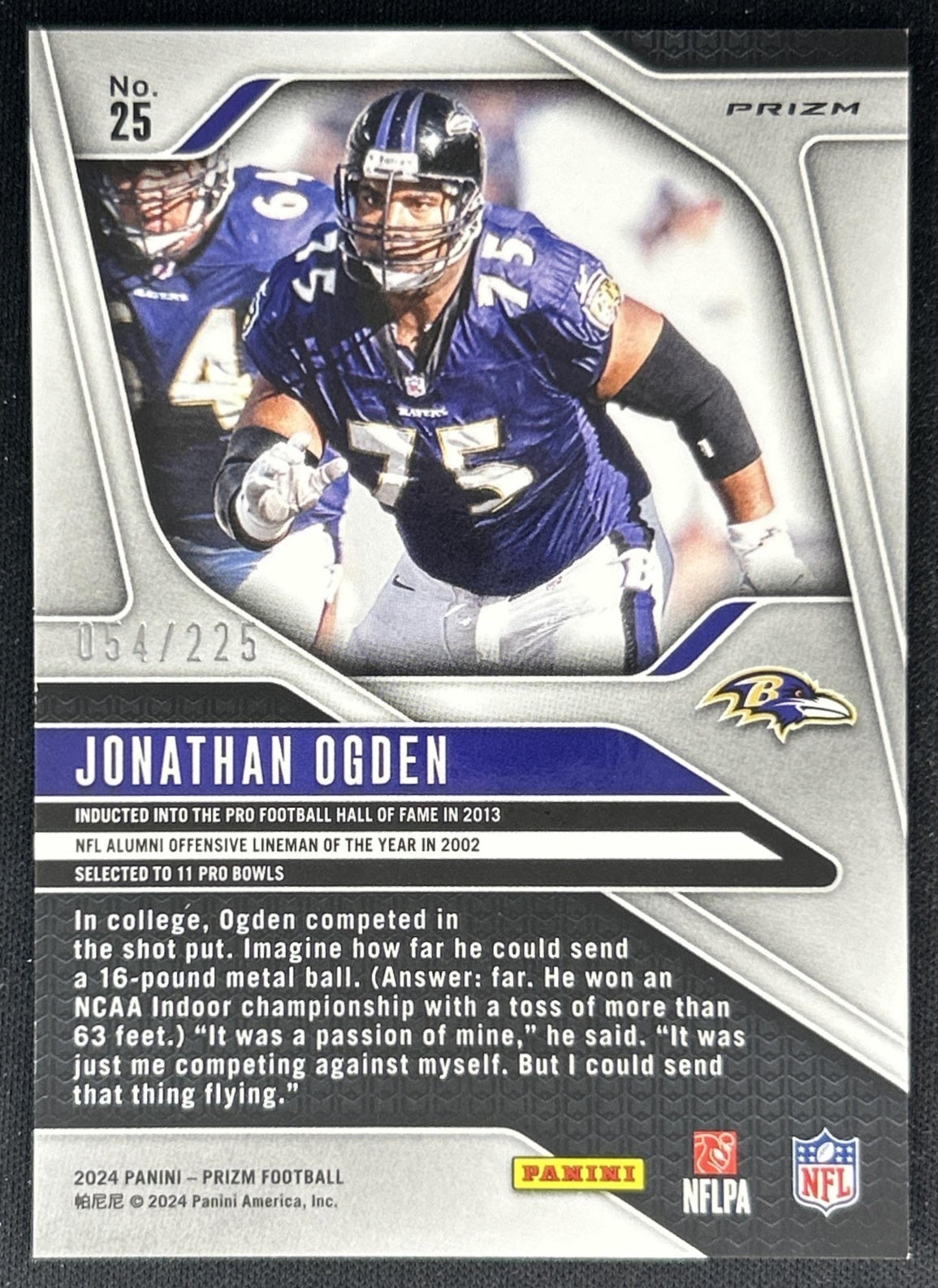 Jonathan Ogden 2024 Panini Prizm Purple Ice /225 Ravens back