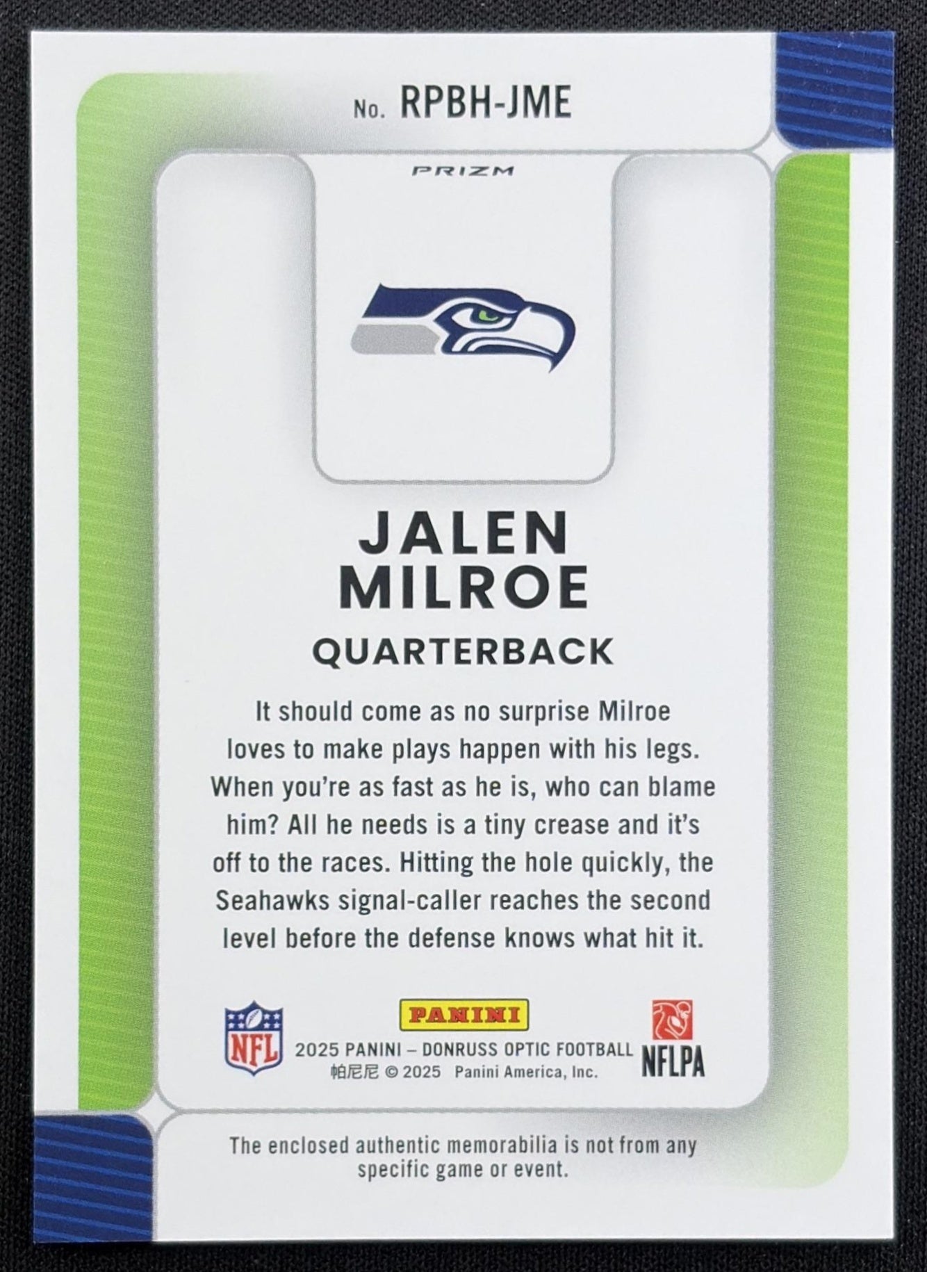 Jalen Milroe 2025 Panini Donruss Optic Rookie Phenoms Blue Hyper Prizm Seahawks