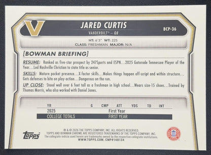 Jared Curtis 2026 Bowman Chrome Prospects Mojo Refractor Commodores