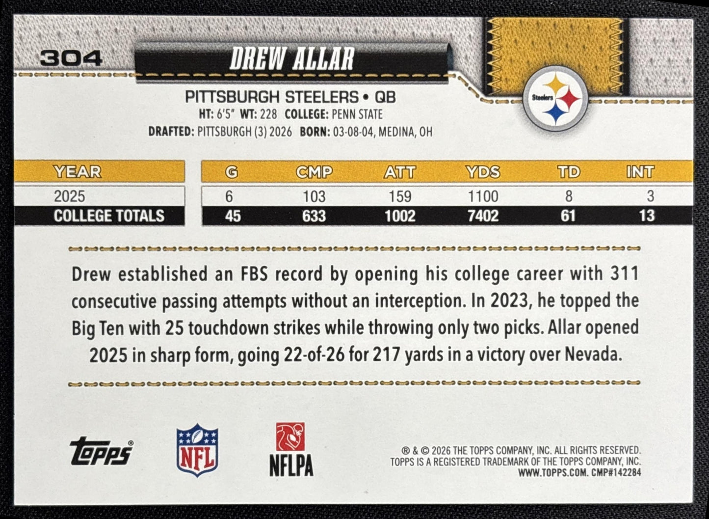 Drew Allar 2026 Topps Rainbow Foil Steelers