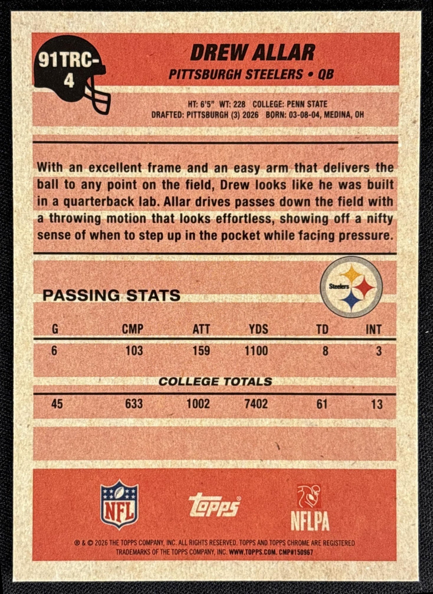 Drew Allar 2026 Topps 1991 Chrome Rookie Mojo Refractor Steelers - back