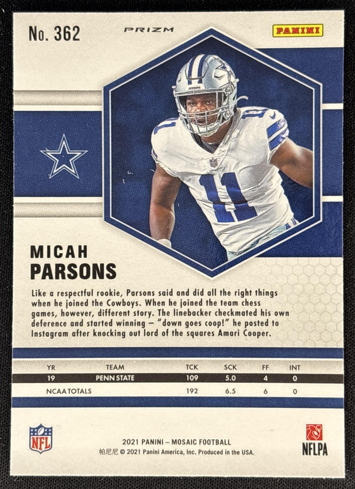 Micah Parsons 2021 Panini Mosaic No Huddle Prizm Silver Cowboys