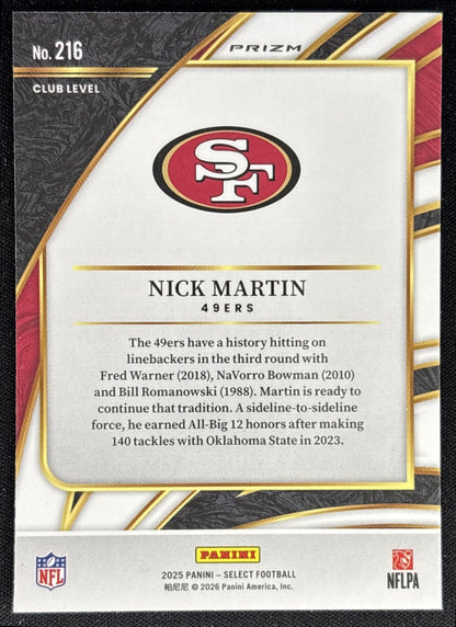 Nick Martin 2025 Panini Select Club Level Pink Prizm Shock 49ers back
