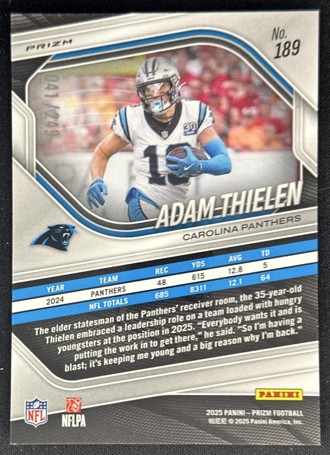 Adam Thielen 2025 Panini Prizm Orange /249 Panthers Sports Trading Cards