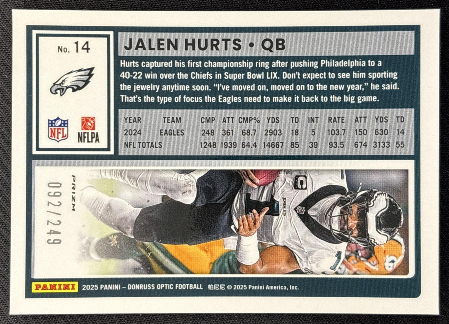 Jalen Hurts 2025 Panini Donruss Optic Blue Prizm /249 Eagles Sports Trading Card
